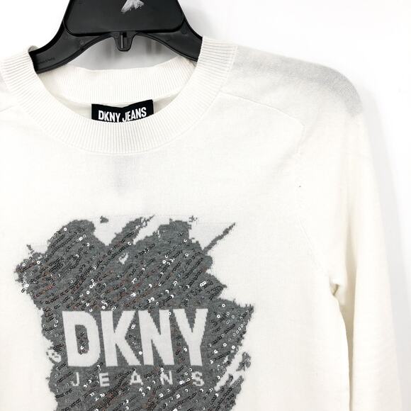 DKNY JEANS Women's Crewneck Sweater XXS Ivory White Sequin Logo Cotton Blend NWT - Picture 6 of 13